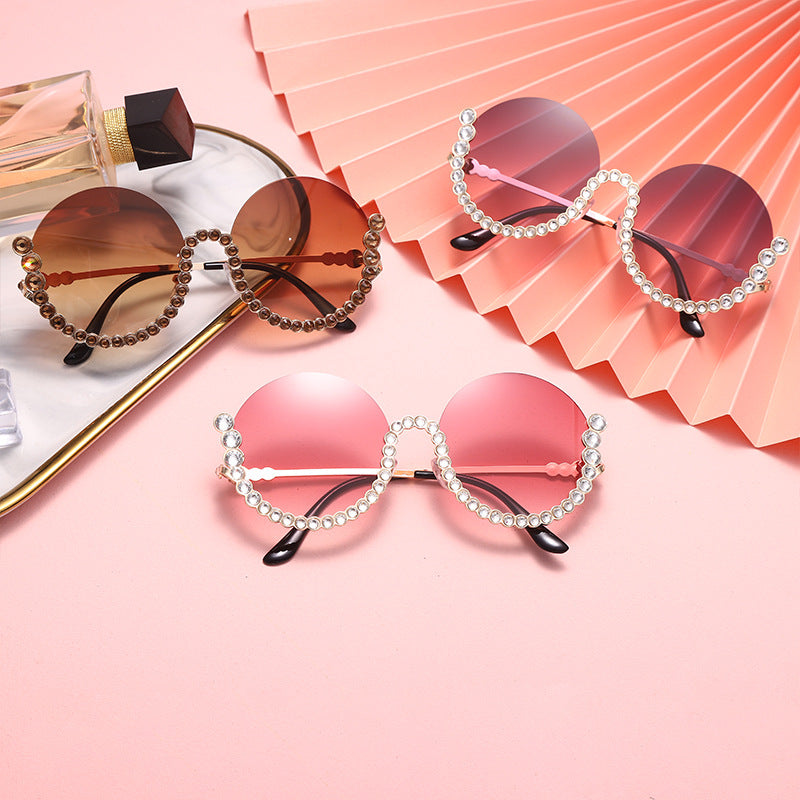 New Gorgeous Diamond-Studded Sunglasses Fashion Round Frame Ladies Trend Glasses Stage Photo Studio Street Shooting Decorative Sunglasses